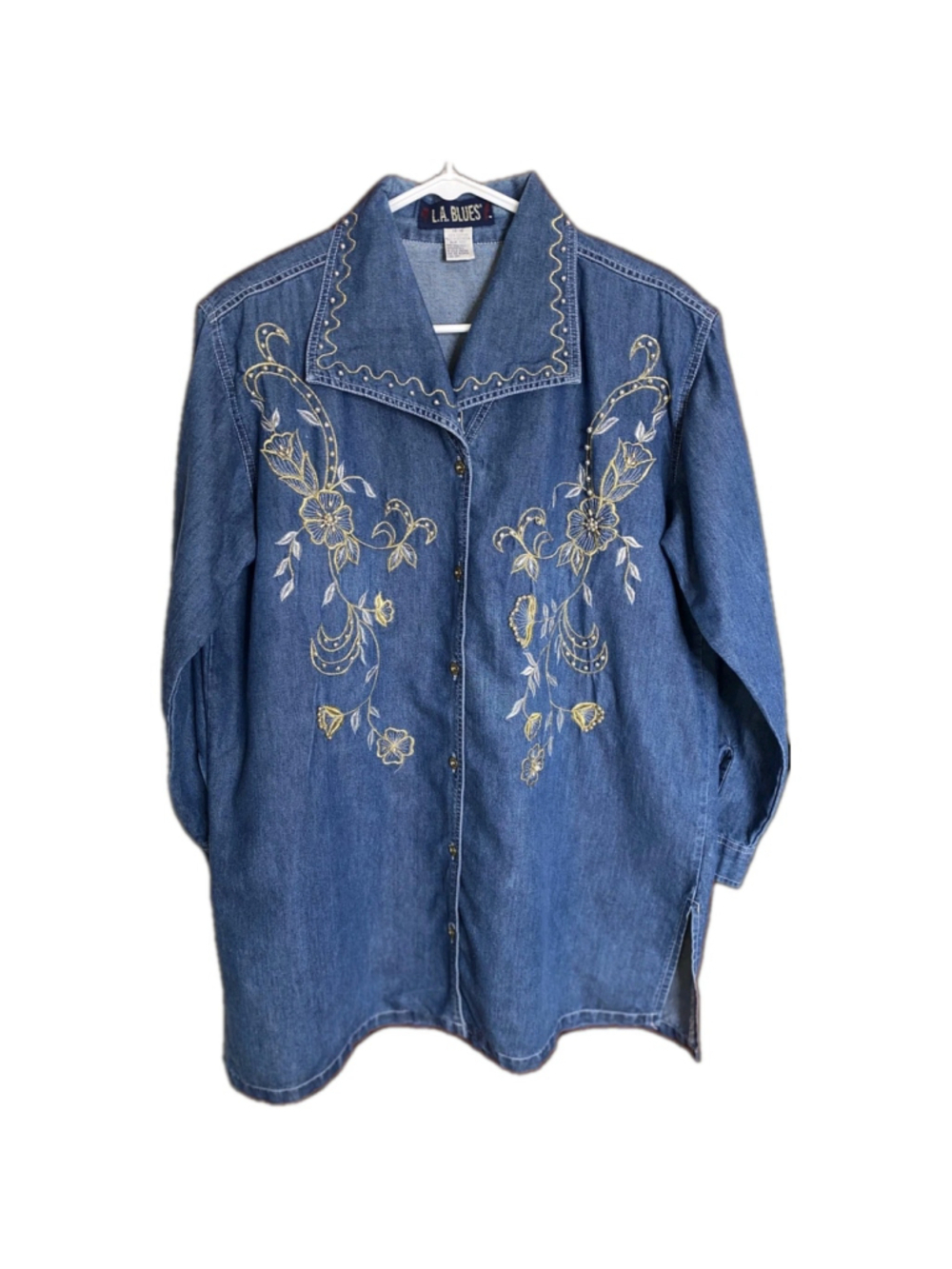 L.A. Blues Denim Shirt Womens 14/16 Blue Embroidered Beaded Western Boho